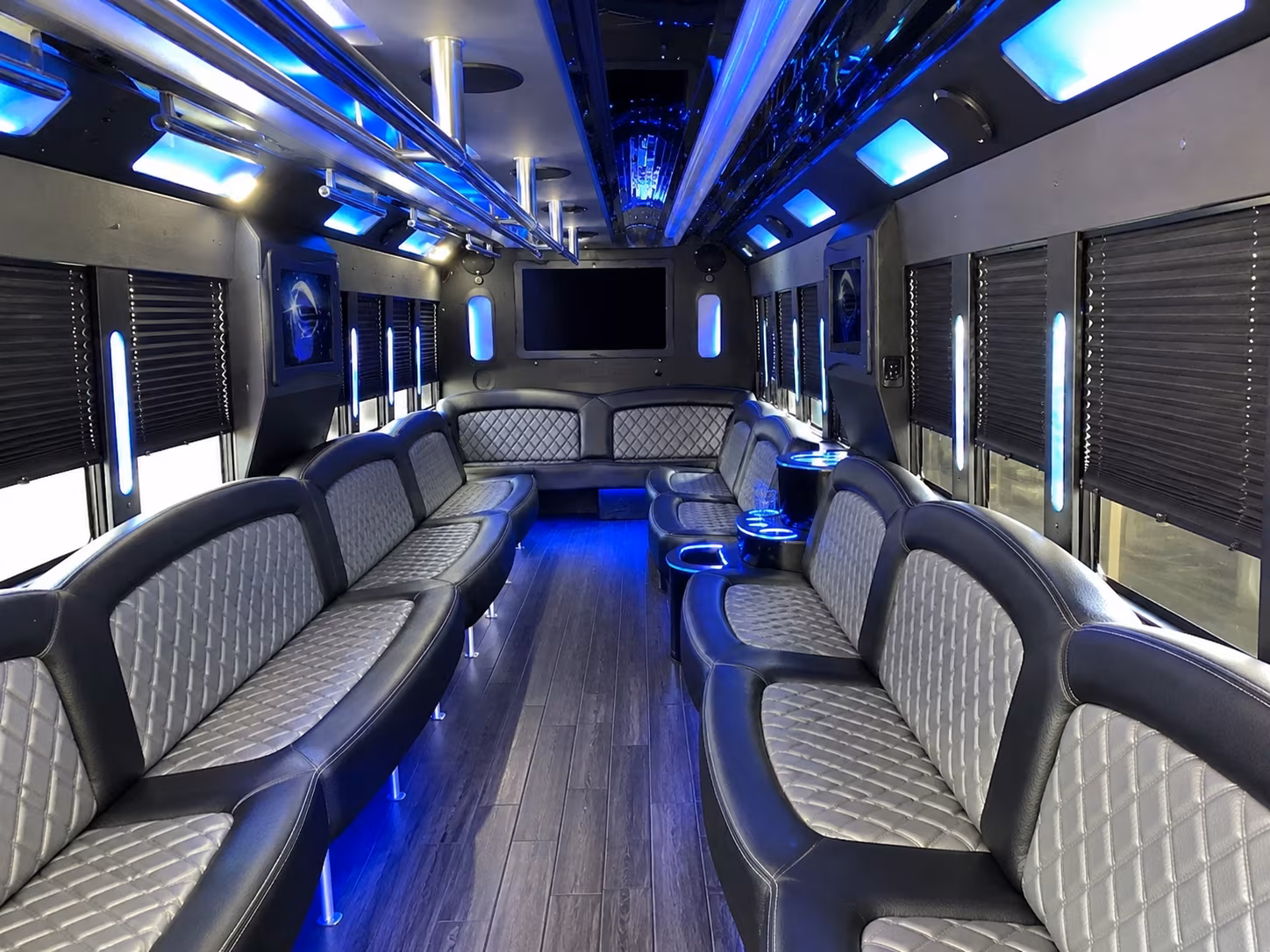Wraparound seating inside a party bus rental serving Montgomery